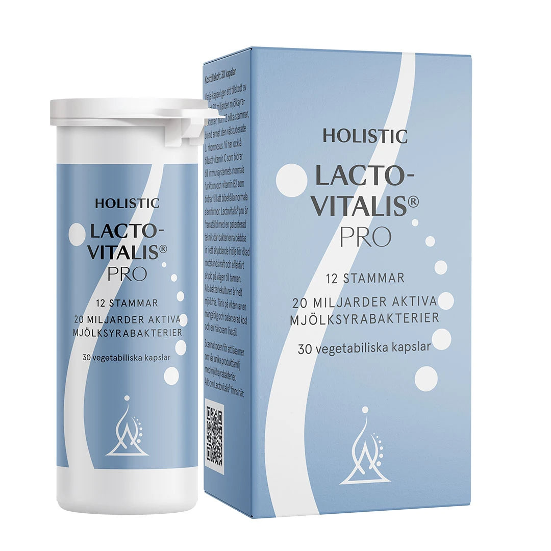 Holistic Lactovitalis® pro 30 caps kosttilskudd pakket i en lyseblå og hvit boks med tilhørende kartong.
