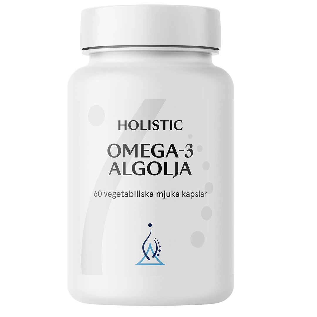 Holistic Omega-3 algolja 60 caps pakket i en stilren hvit boks med grå og blå grafiske detaljer.