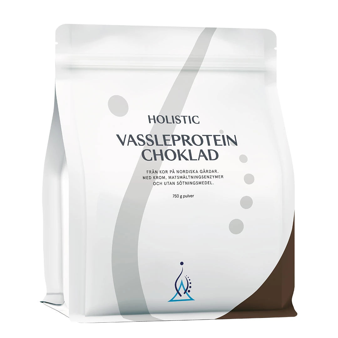 Holistic Myseprotein 750 g proteinpulver i en hvit pose med grå og brune detaljer for smaken Sjokolade.