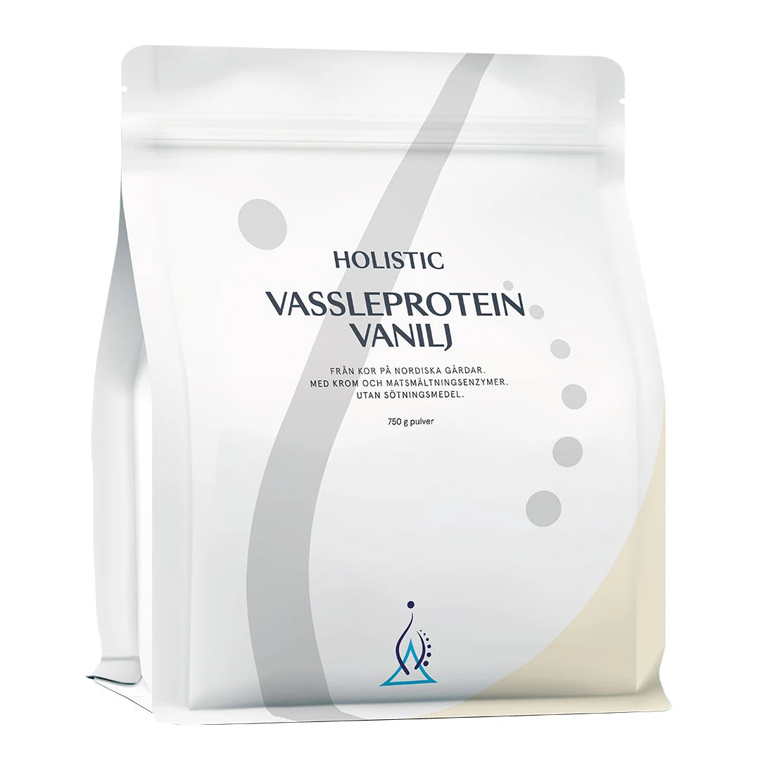 Holistic Vassleprotein 750 g proteinpulver i en hvit pose med lysegrå detaljer og smaken Vanilje.