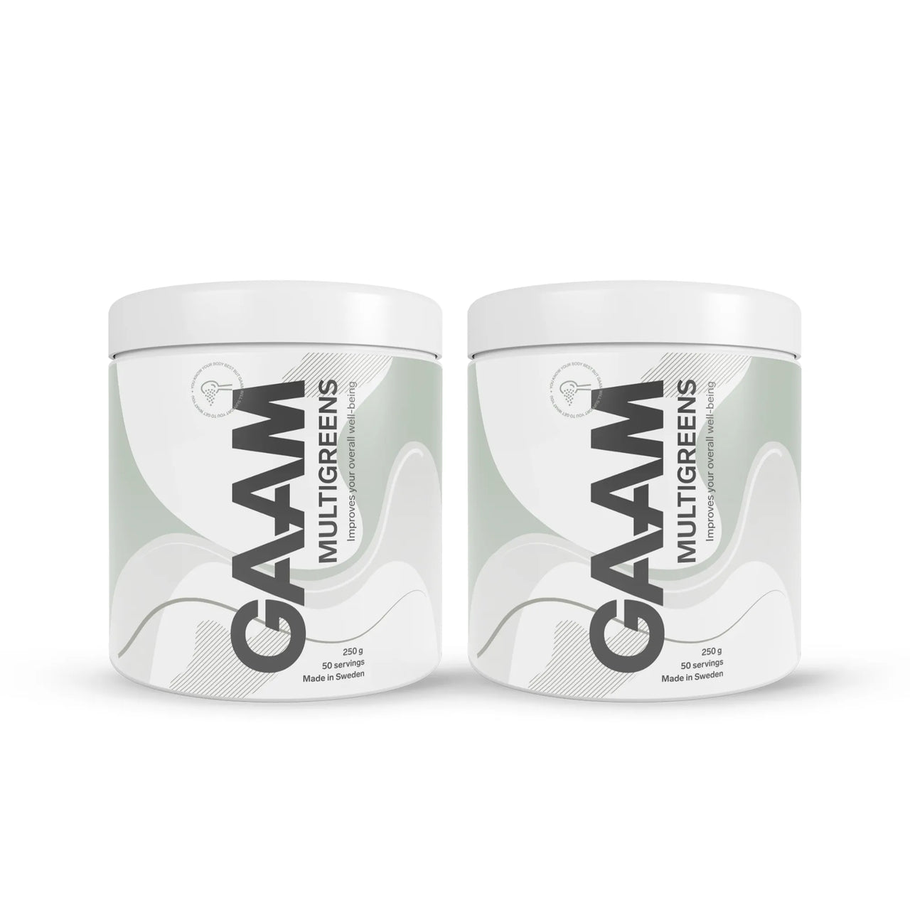 2 x GAAM Multigreens 250 g kosttilskudd i to hvite bokser med grå og grønne detaljer.