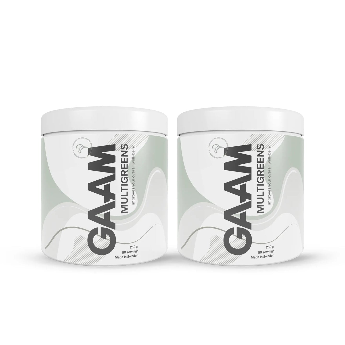 2 x GAAM Multigreens 250 g kosttilskudd i to hvite bokser med grå og grønne detaljer.