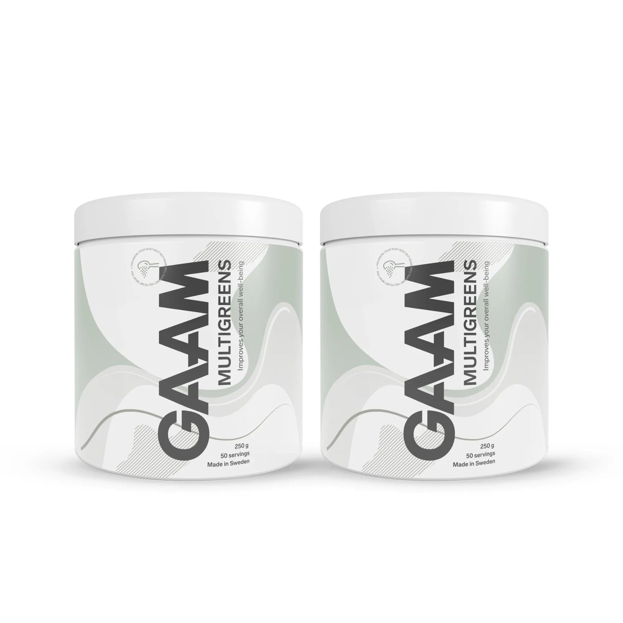 2 x GAAM Multigreens 250 g kosttilskudd i to hvite bokser med grå og grønne detaljer.