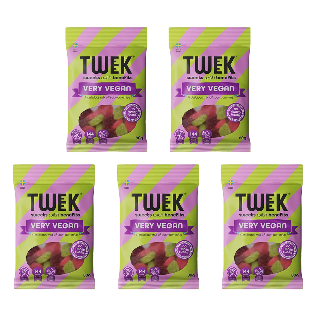 5 x Tweek Sweets 80 g Very Vegan i grønne og lilla poser med sure gelégodterier.