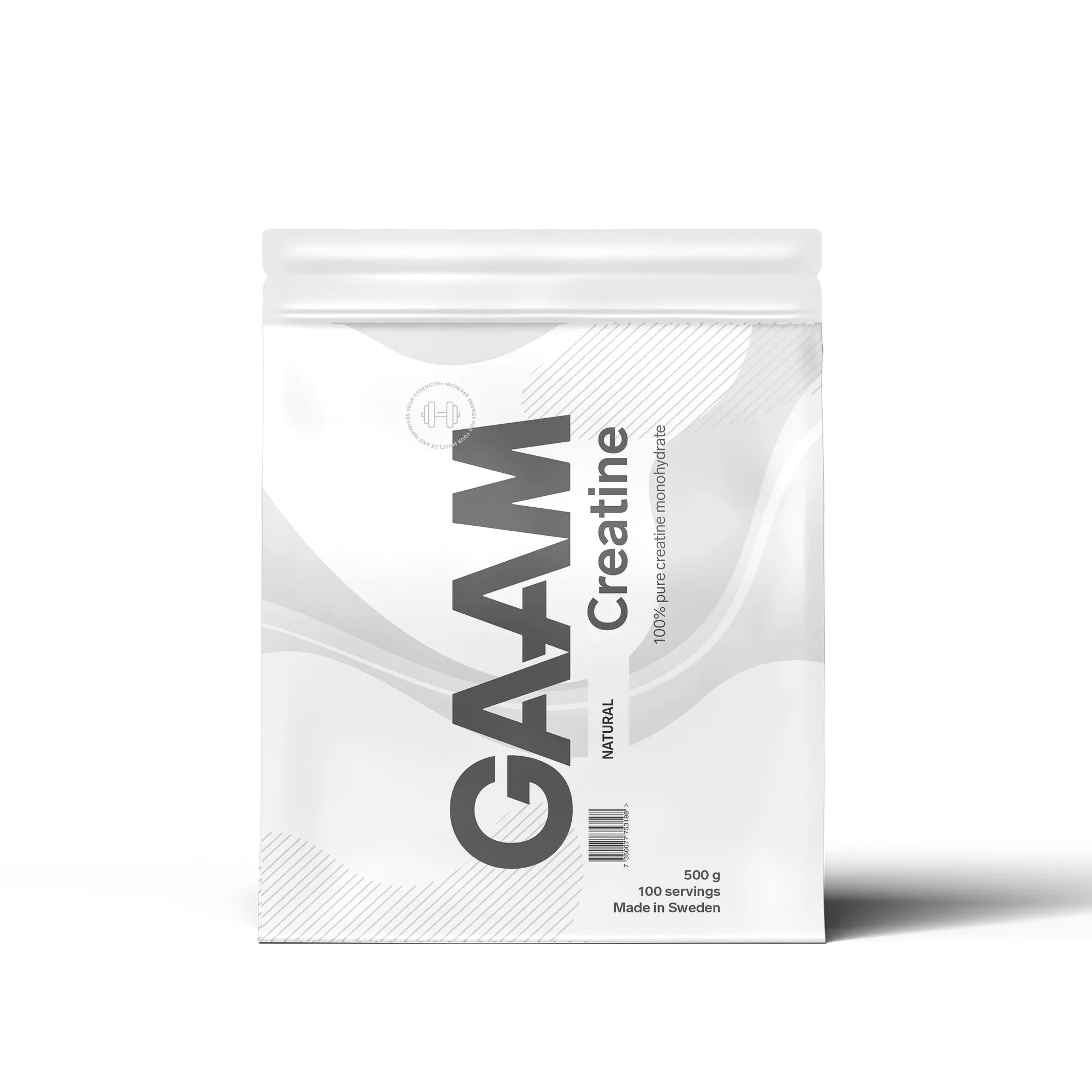 En hvit pose med GAAM Creatine Monohydrate Kreatin 500 g, et naturelt kreatinpulver.