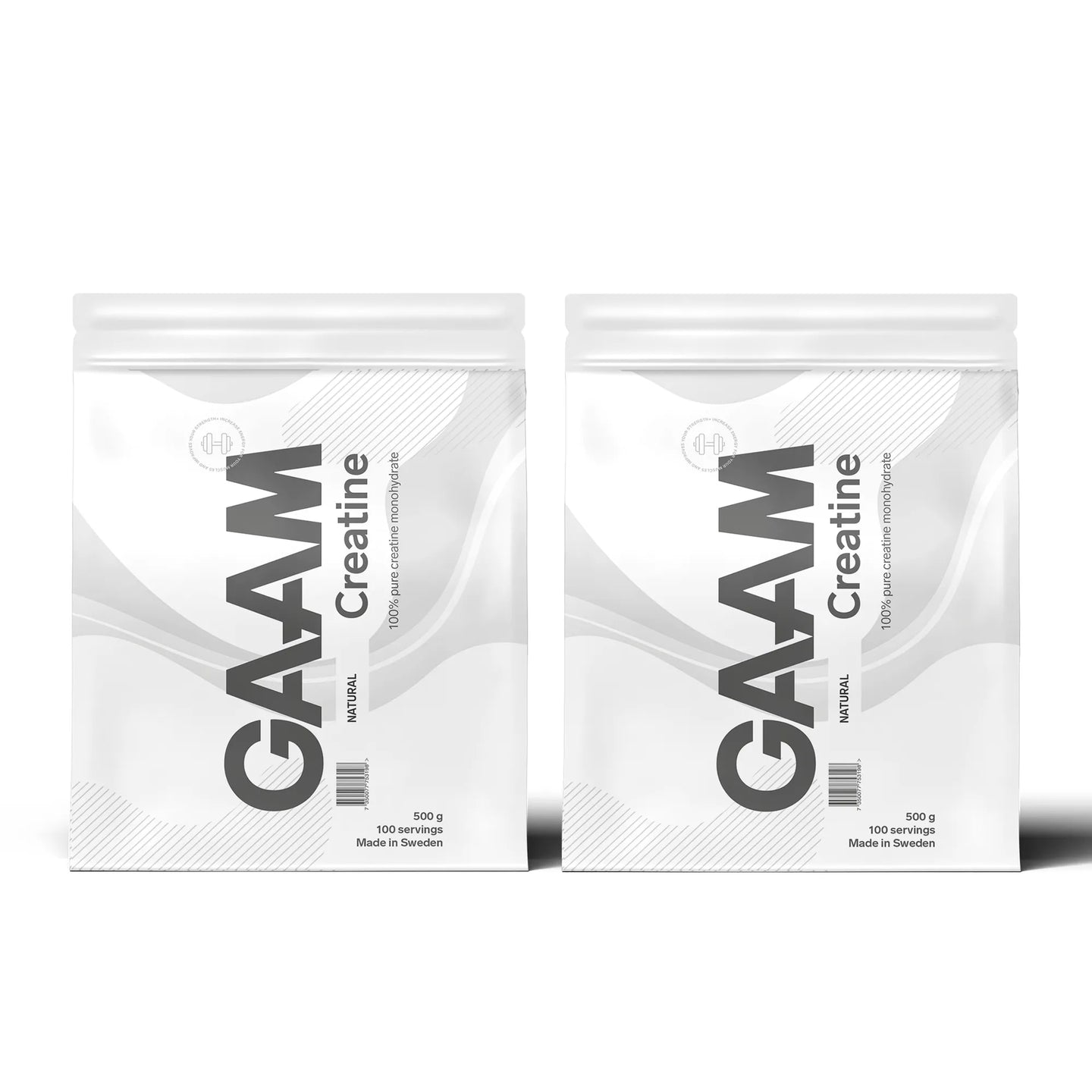 2 x GAAM Creatine Monohydrate 500 g i to hvite poser med grå detaljer og stor tekst.