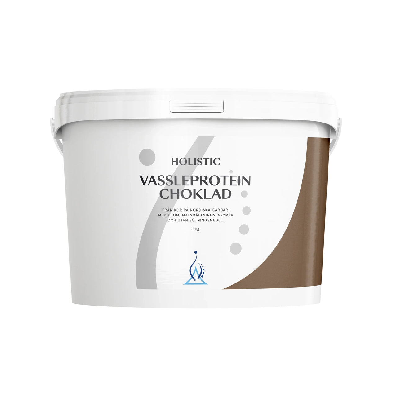 Holistic Myseprotein 5 kg pulver i en hvit bøtte med detaljer i grått og brunt for smaken Sjokolade.