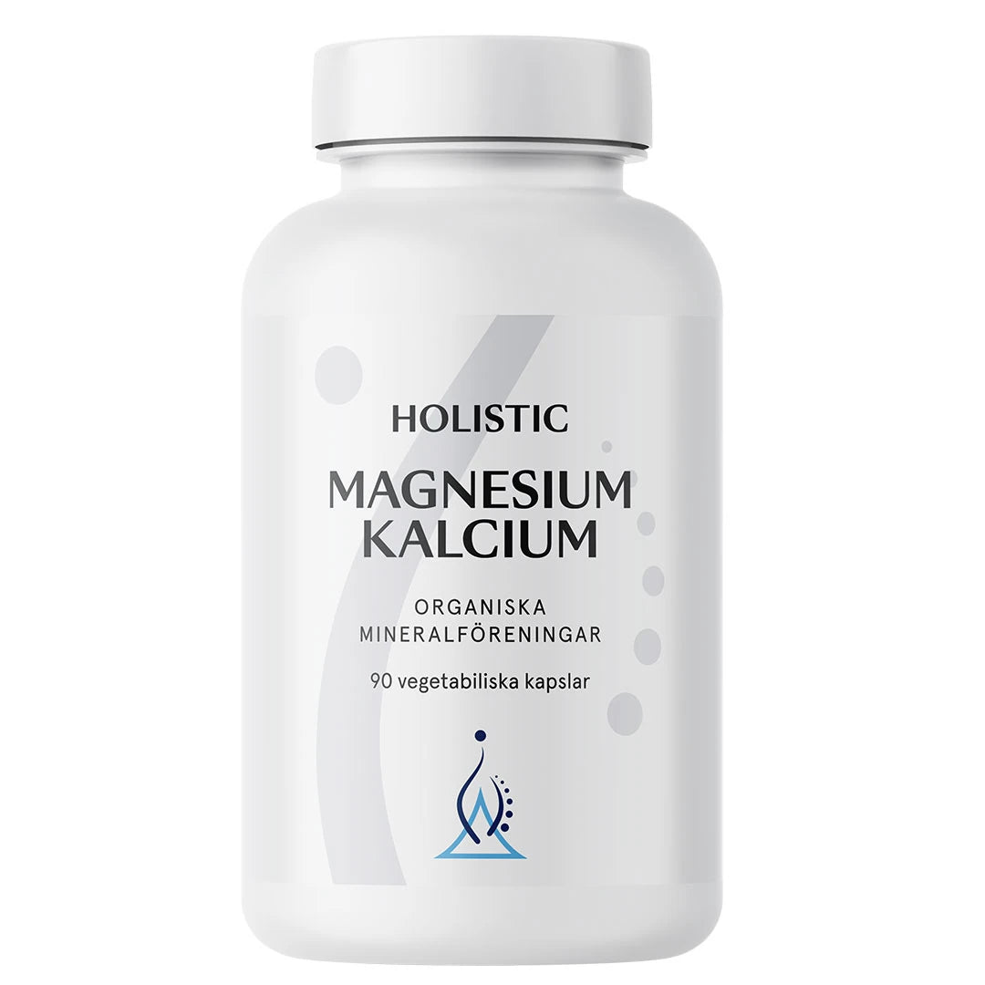 Holistic Magnesium/Kalcium 80/40 mg 90 caps kosttilskudd i en stilren hvit plastboks med grå detaljer.