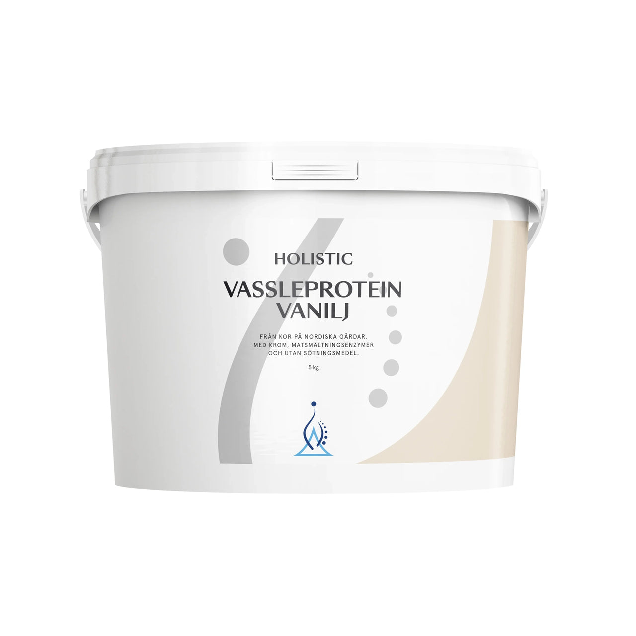 Holistic Myseprotein 5 kg pulver i en hvit bøtte med detaljer i grått og beige for smaken Vanilje.