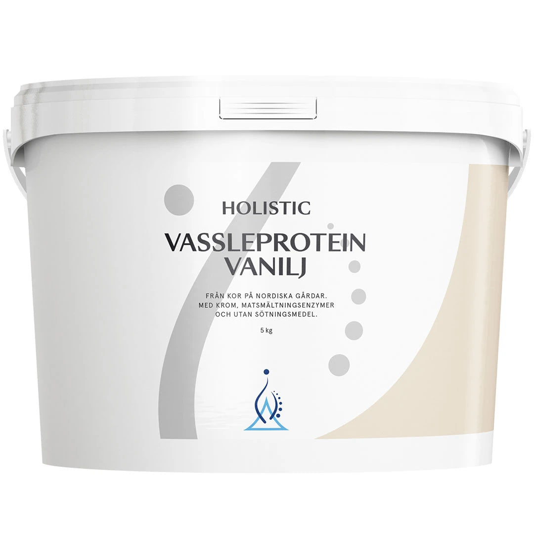 Holistic Vassleprotein 5 kg pulver i en hvit bøtte med detaljer i grått og beige for smaken vanilje.