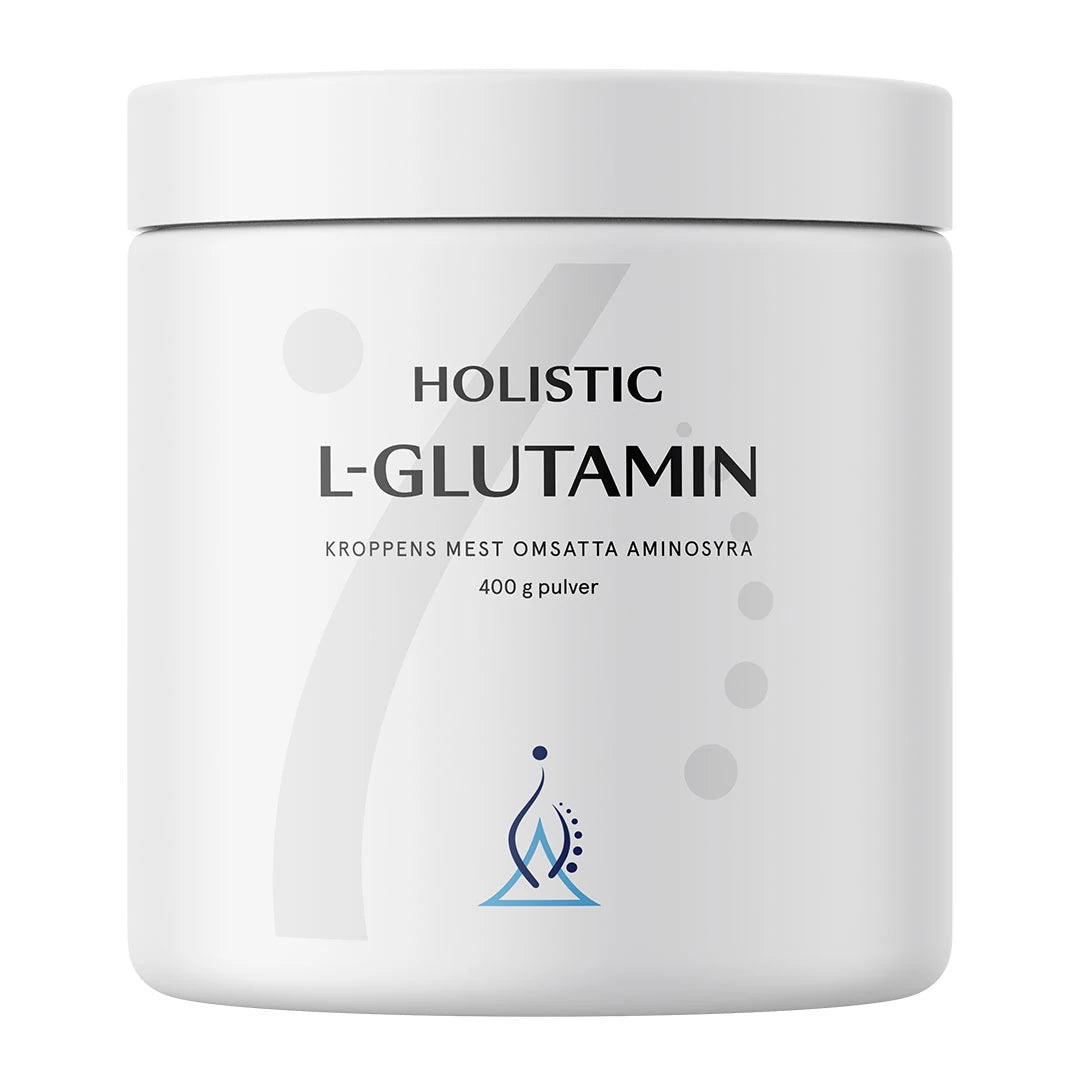Holistic L-glutamin 400 g aminosyrer i pulverform, pakket i en hvit boks med minimalistisk design og svarte detaljer.