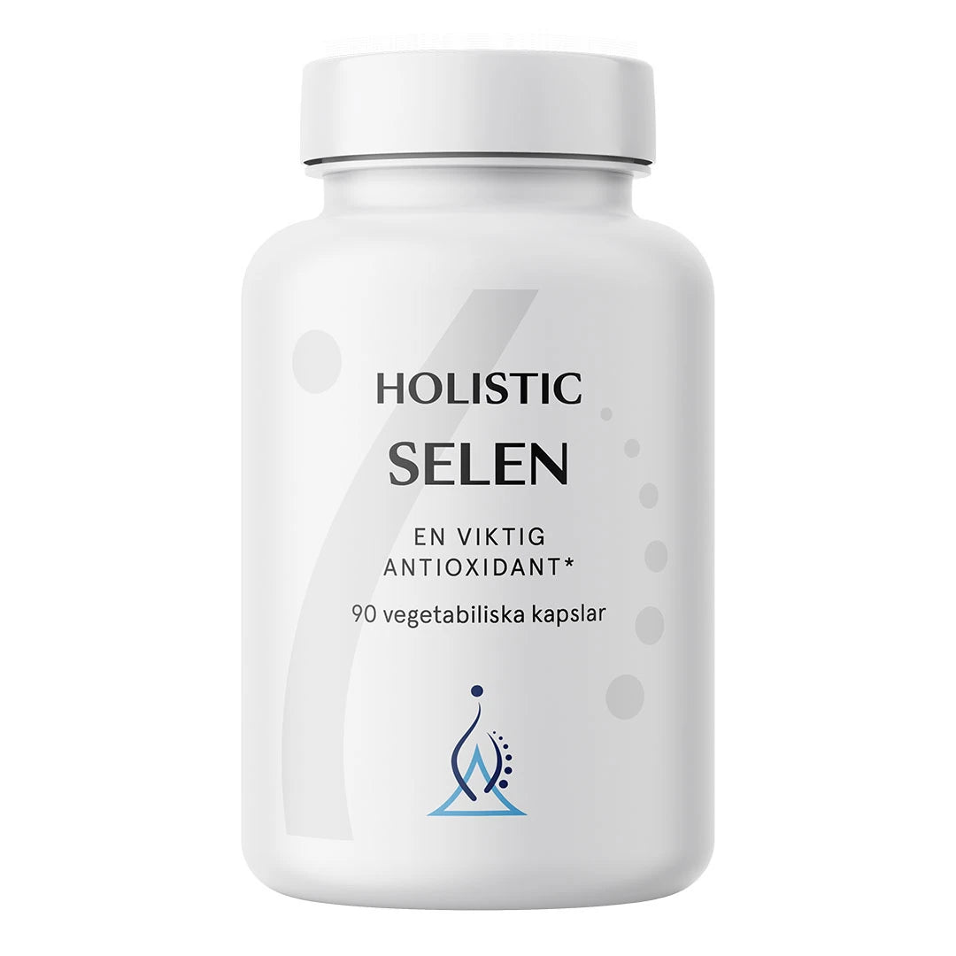 Holistic Selen 90 caps mineraltilskudd i en hvit boks med vegetabilske kapsler for antioksidativ beskyttelse.