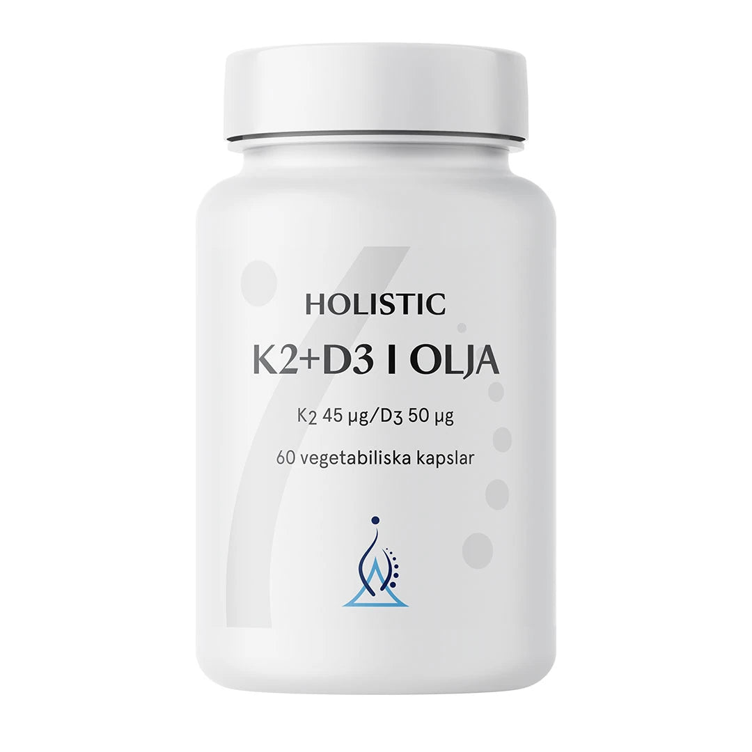 Holistic K2+D3 i olja 60 caps i en hvit boks med svarte og grå tekstdetaljer.