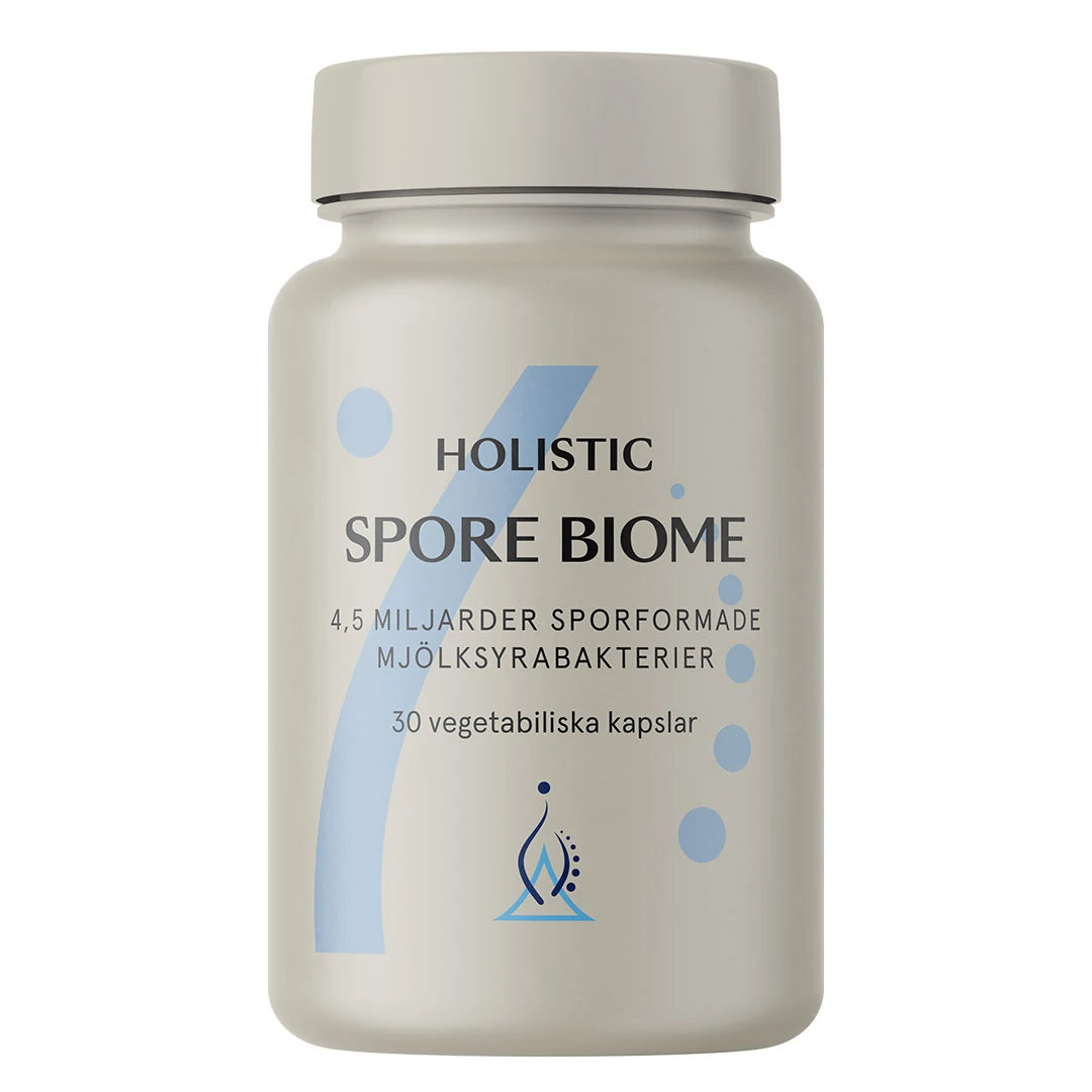 Holistic Spore Biome 30 caps melkesyrebakterier pakket i en lysegrå boks med blå grafiske detaljer.