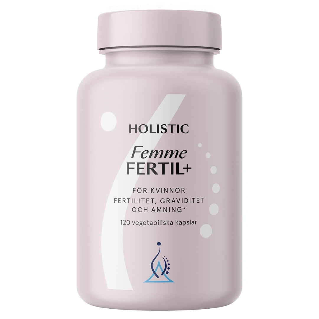 Holistic Femme Fertil+ 120 caps multivitamin i en lys lilla boks med hvit tekst og grafiske detaljer.