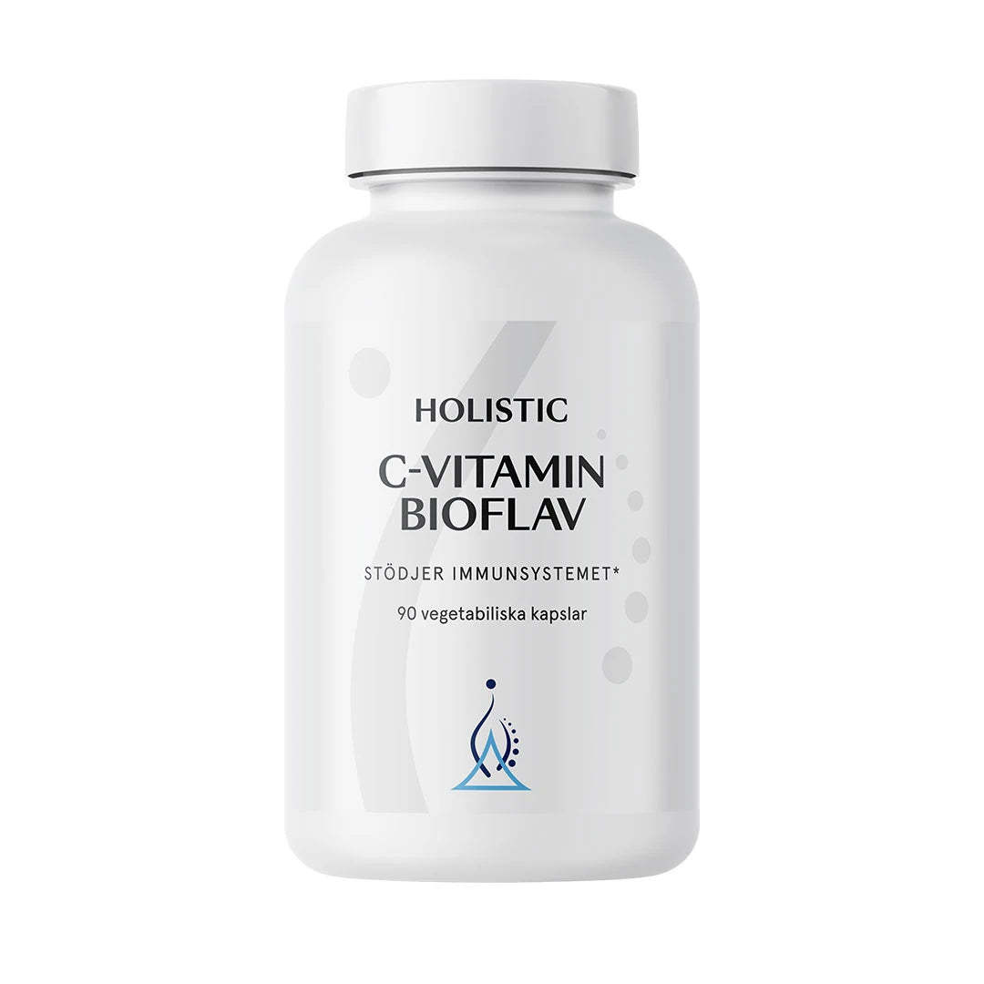 Holistic C-vitamin Bioflav 90 caps i en hvit boks, et vegansk kosttilskudd for immunsystemet.