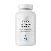Holistic C-vitamin Bioflav 90 caps i en vit burk, ett veganskt kosttillskott för immunsystemet.