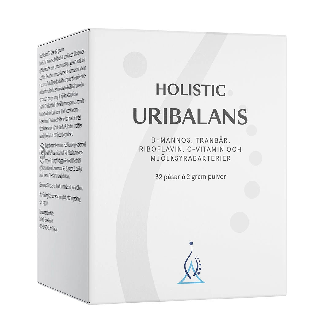 Holistic Uribalans 32 poser vegansk kosttilskudd pakket i en hvit eske.