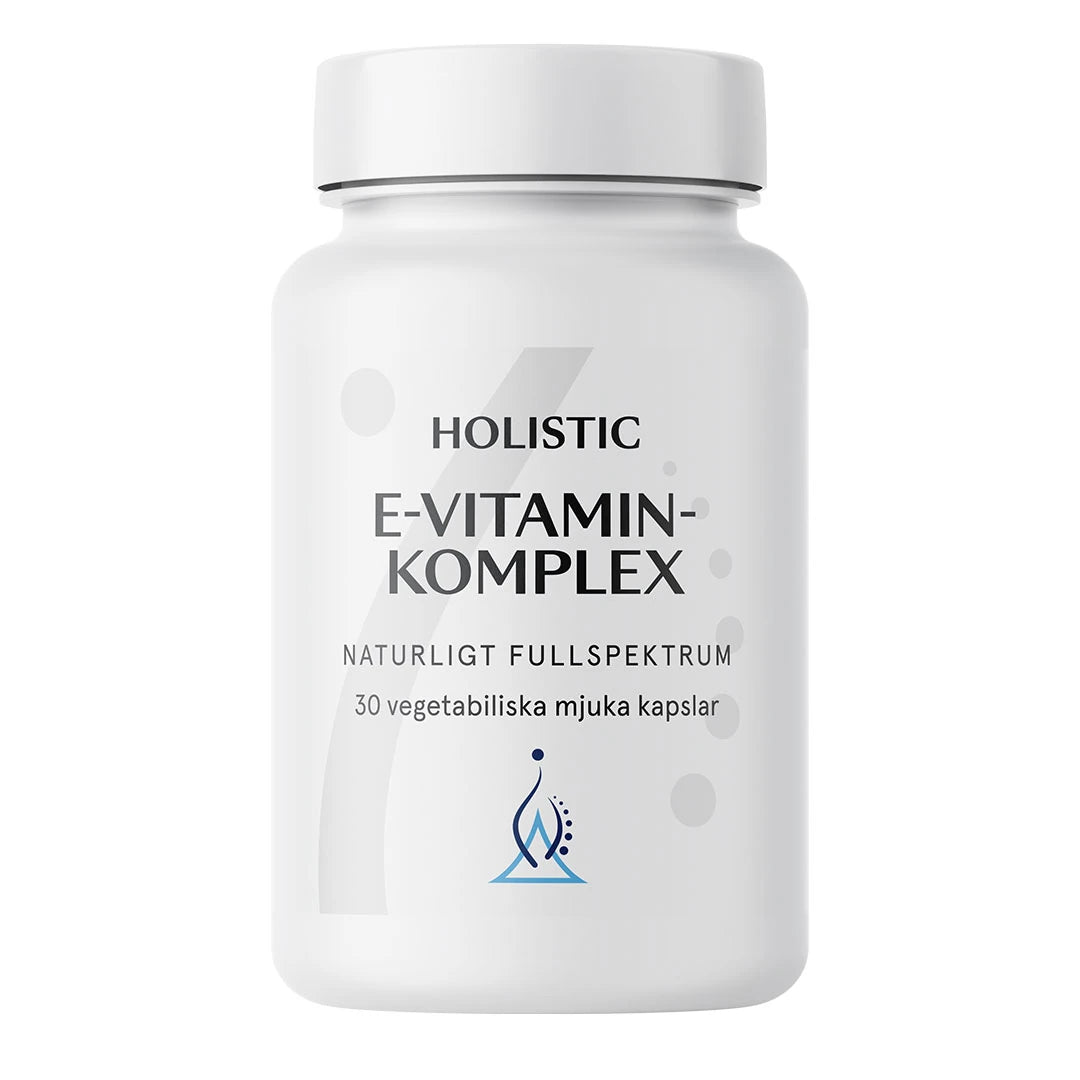Holistic E-vitaminkomplex 30 caps vegansk E-vitamin, pakket i en stilren hvit boks.