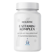 Holistic E-vitaminkomplex 30 caps veganskt E-vitamin, förpackat i en stilren vit burk.
