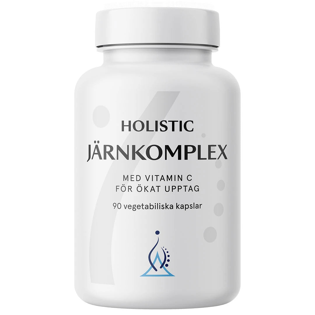 Holistic Järnkomplex 25 mg 90 caps jerntilskudd, pakket i en stilren hvit boks med svart tekst.