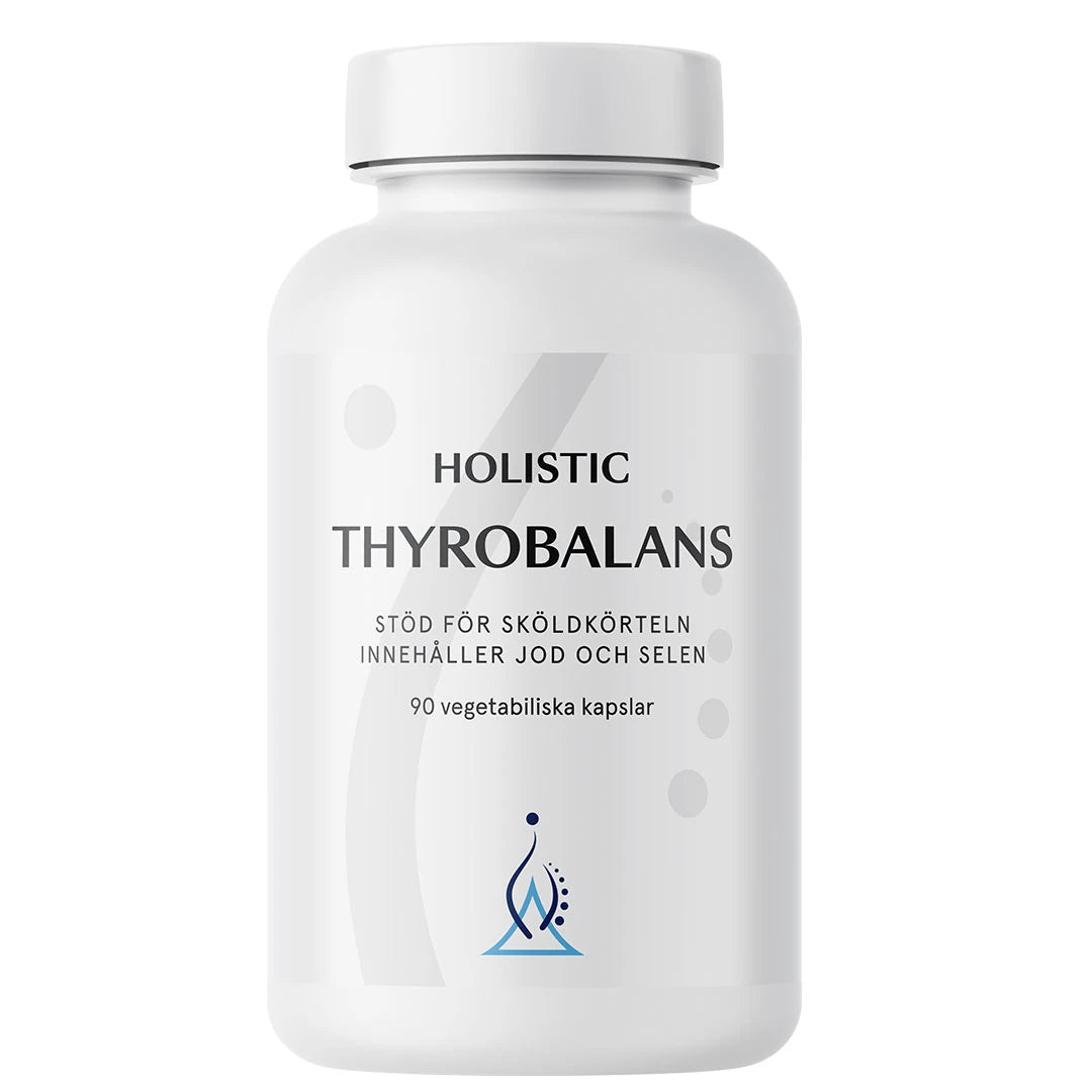 Holistic Thyrobalans 90 caps kosttilskudd i en hvit plastboks med grå og blå grafiske detaljer.