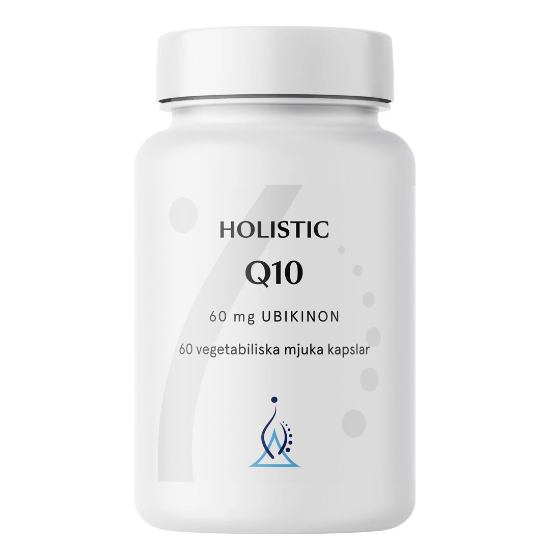 Holistic Q10 60 mg 60 caps pakket i en hvit plastboks med stilrent design.