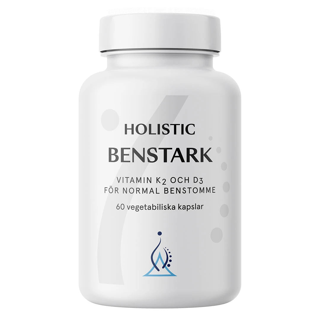 Holistic Benstark 60 caps i en stilren hvit boks, med vitamin K2 og D3 for en normal beinstruktur.
