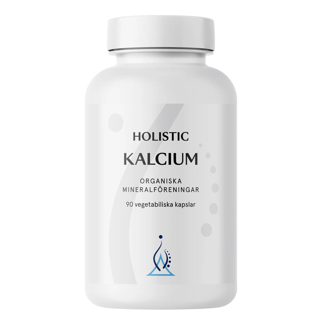 Holistic Kalcium 160 mg 90 caps i en stilren hvit plastboks med grå og blå grafiske detaljer.