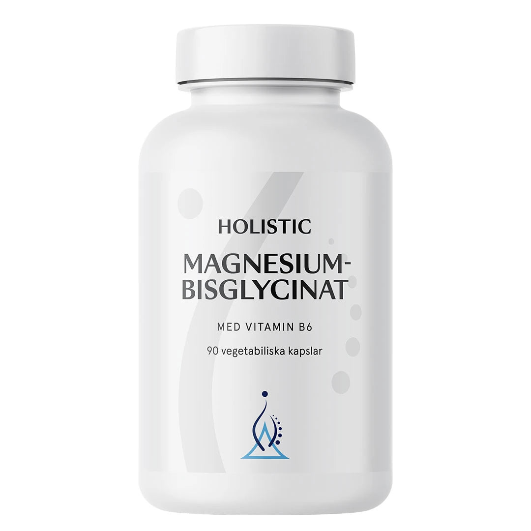 Holistic Magnesiumbisglycinat 100 mg 90 caps pakket i en hvit boks med lysegrå detaljer.