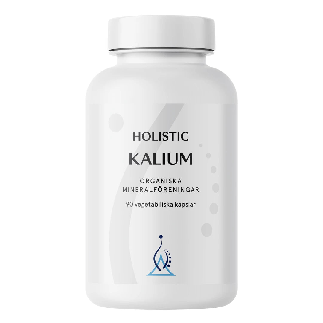 Holistic Kalium 250 mg 90 caps kosttilskudd i en hvit boks med grå detaljer.