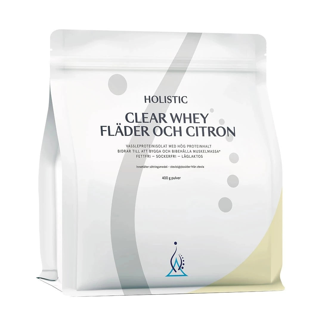 Holistic Clear Whey myseproteinisolat 400 g i en hvit pose med smaken hylleblomst og sitron.