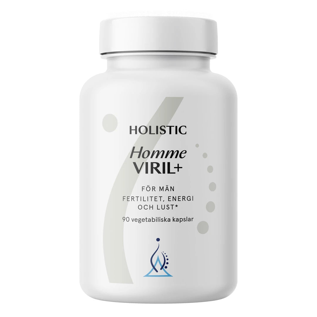 Holistic Homme Viril+ 90 caps multivitamin for menn i en hvit boks med stilrent design og svarte tekstdetaljer.