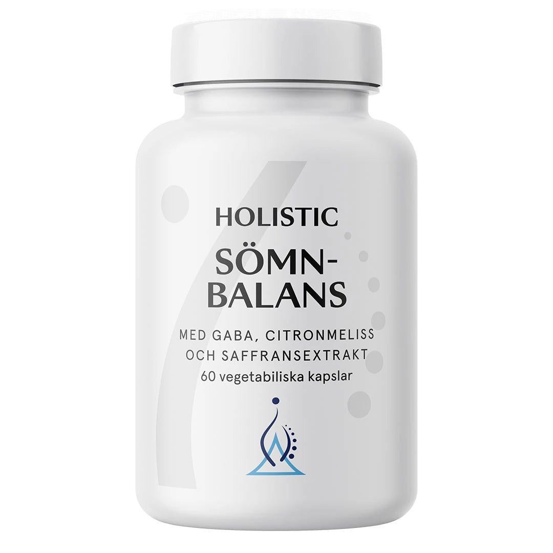 Holistic Sömnbalans 60 caps, en hvit boks med søvntilskudd som inneholder urter, aminosyrer og safranekstrakt.
