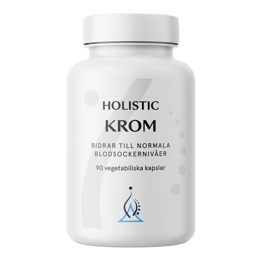 Holistic Krom 90 caps kosttilskudd i en hvit boks med svart tekst og en blå logo på forsiden.