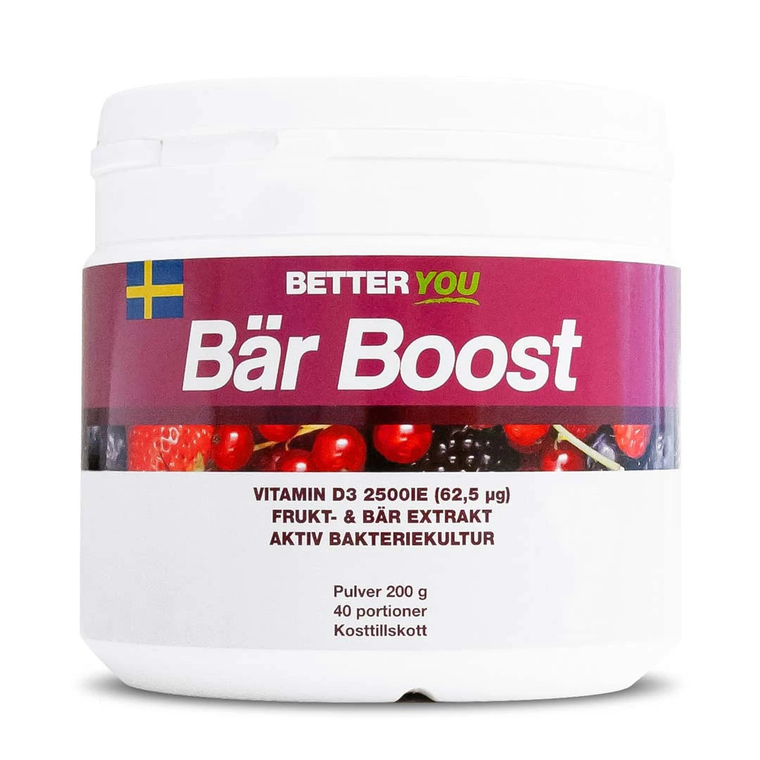 Better You Bär Boost Pulver 200 g pakket i en hvit boks med lilla etikett og bærmotiv.
