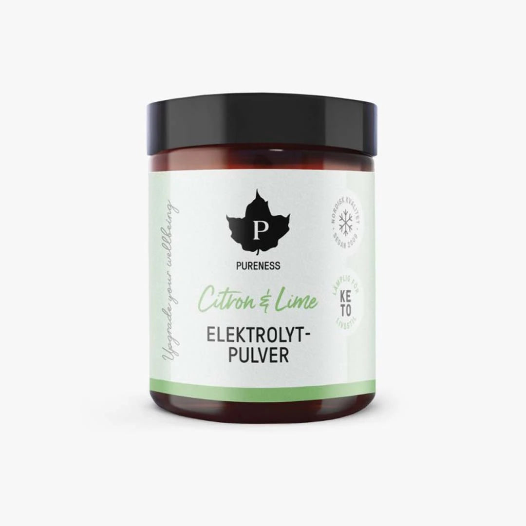 Pureness Elektrolyttpulver 120 g i en mørkebrun boks med svart lokk og hvit etikett for smaken Sitron Lime., bilde 7 av 7