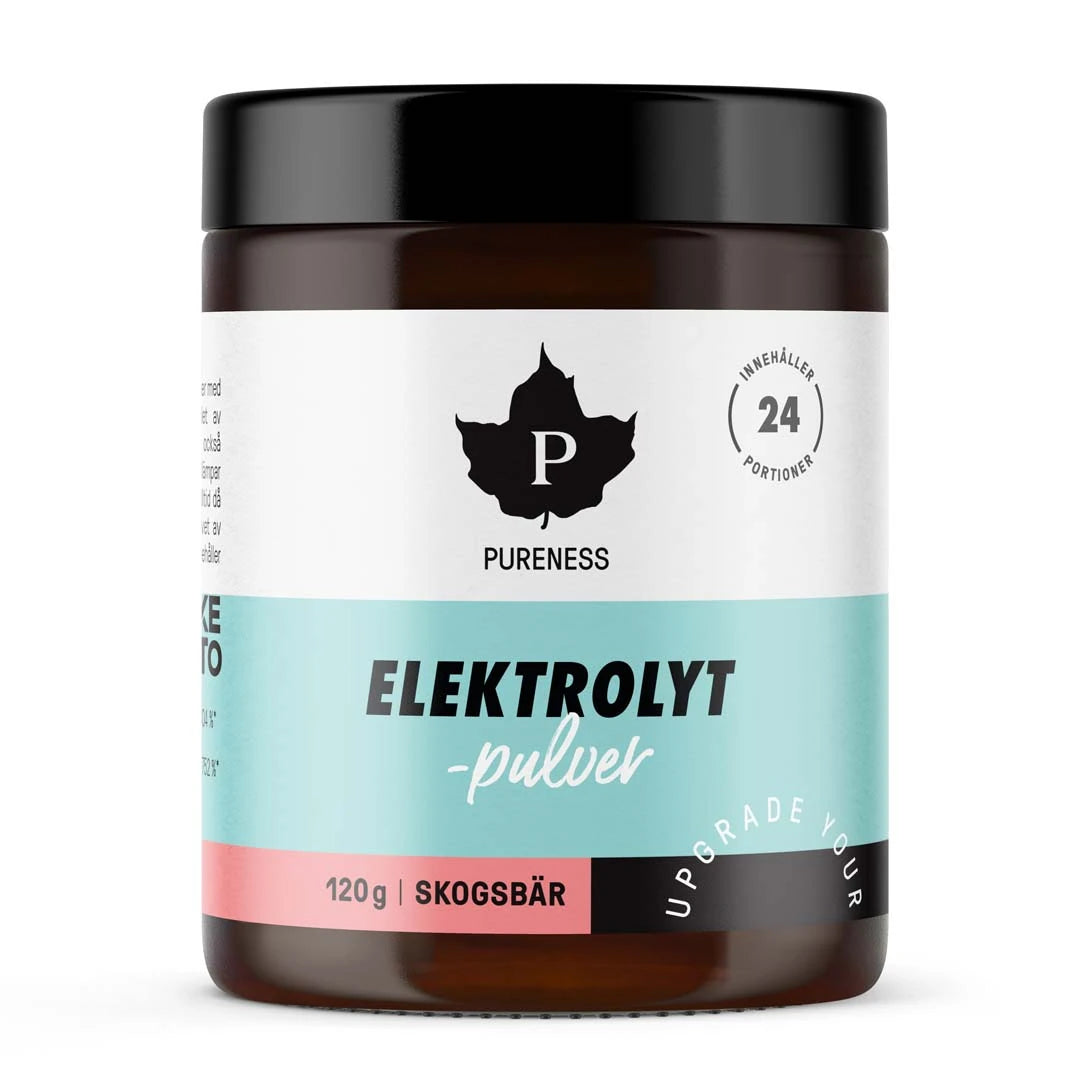 Pureness Elektrolyttpulver 120 g i en mørk boks med hvit, lyseblå og rosa etikett for smaken skogsbær., bilde 1 av 7