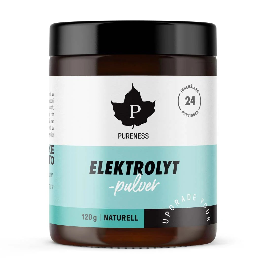 Pureness Elektrolyttpulver 120 g Naturell i en mørk boks med svart lokk samt hvit og lyseblå etikett., bilde 3 av 7