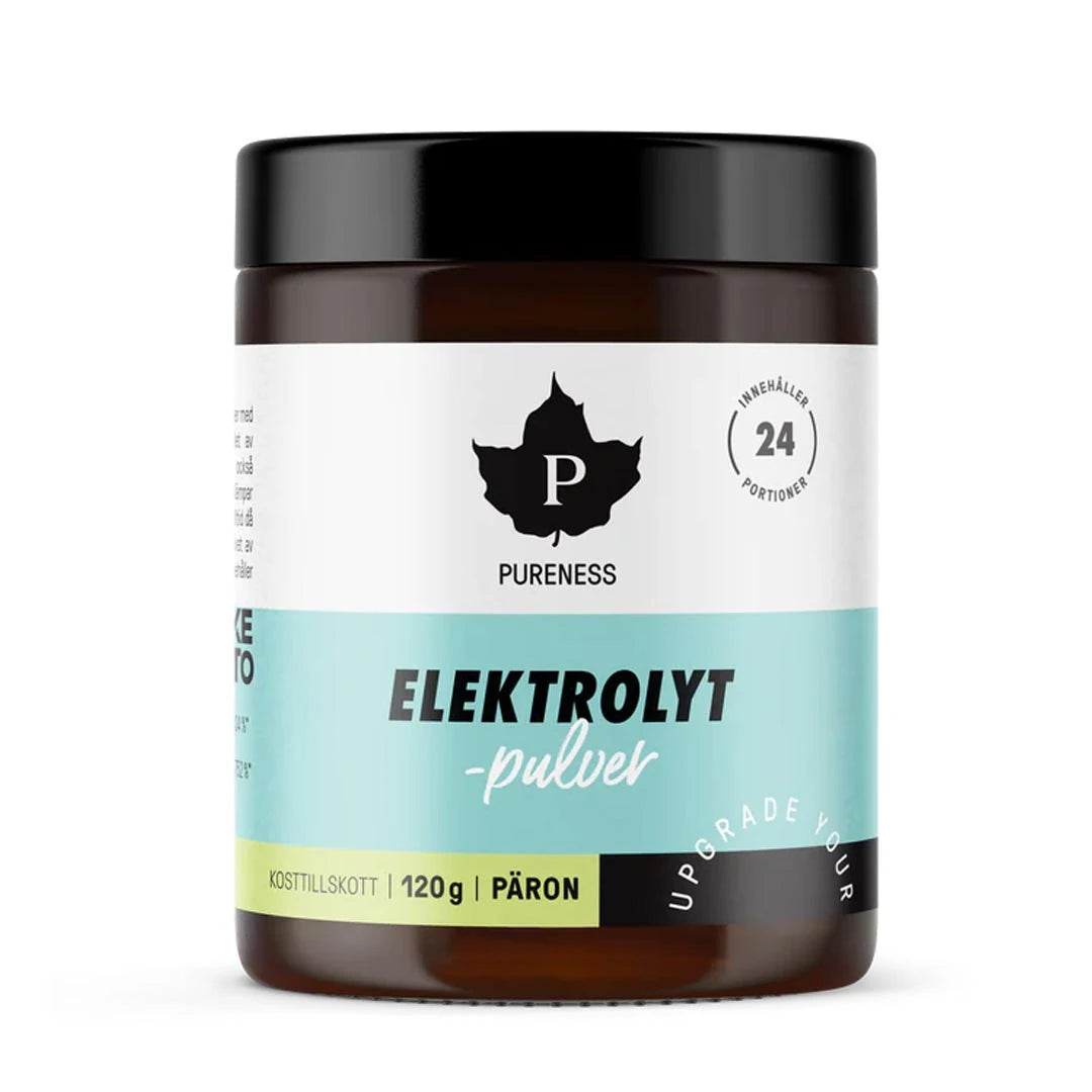Pureness Elektrolyttpulver 120 g i en mørkebrun boks med svart lokk og lyseblå etikett for smaken pære., bilde 4 av 7