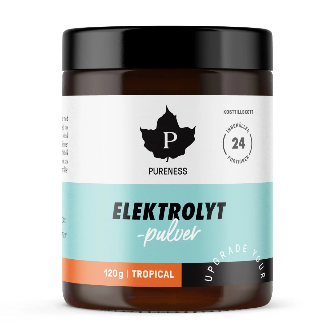 Pureness Elektrolyttpulver 120 g i en mørkebrun boks med lyseblå etikett for smaken Tropical., bilde 5 av 7