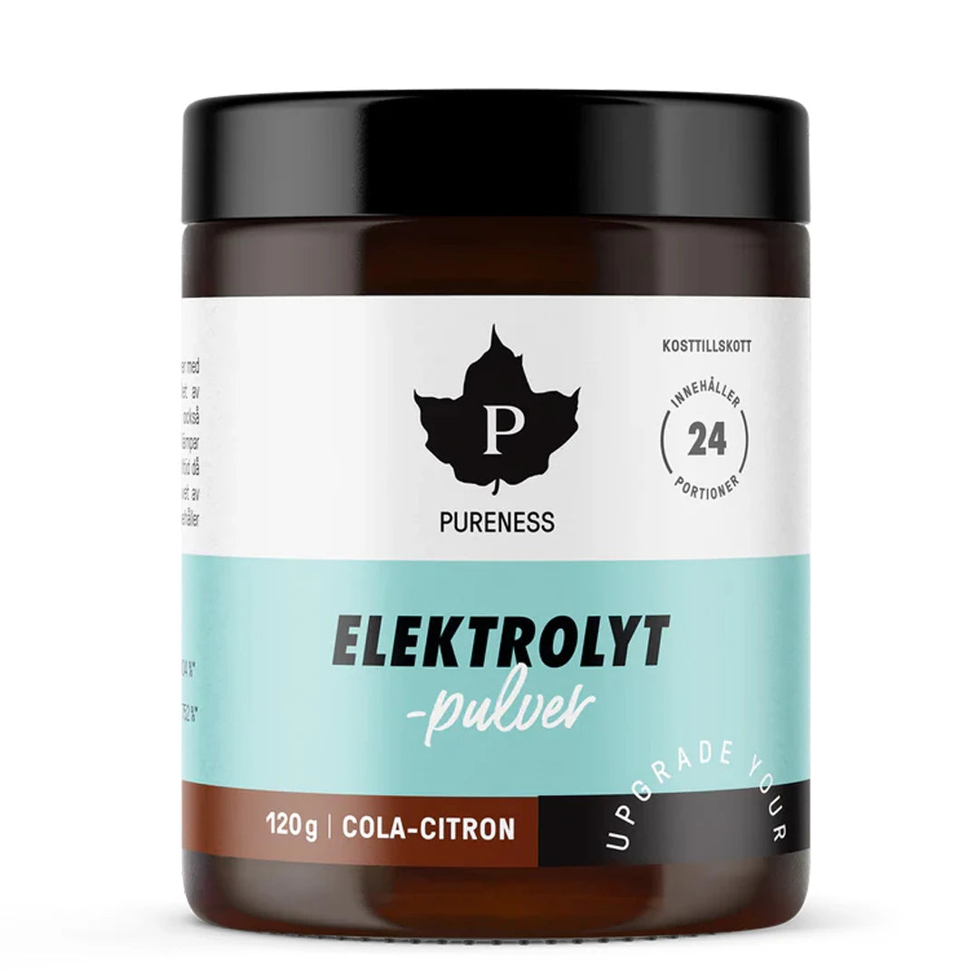 Pureness Elektrolyttpulver 120 g i en mørkebrun boks med hvit og lyseblå etikett for smaken Cola-sitron., bilde 6 av 7