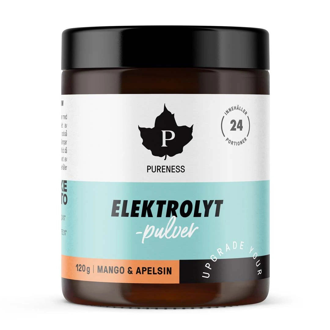 Pureness Elektrolytpulver 120 g i en mørkebrun boks med svart lokk og lyseblå etikett i smaken Mango Appelsin.