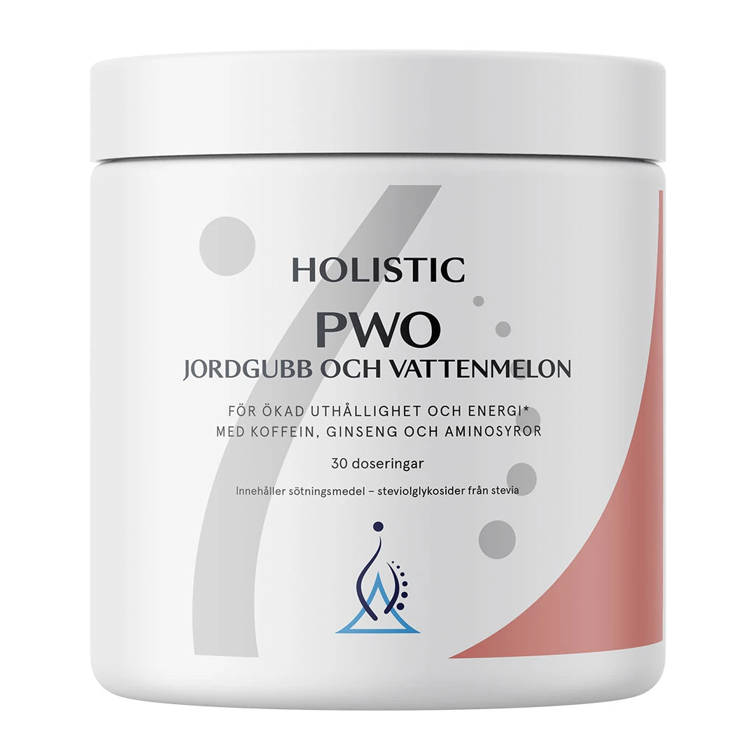 Holistic PWO 345 g i en hvit boks med grå og røde detaljer for smaken jordbær og vannmelon.