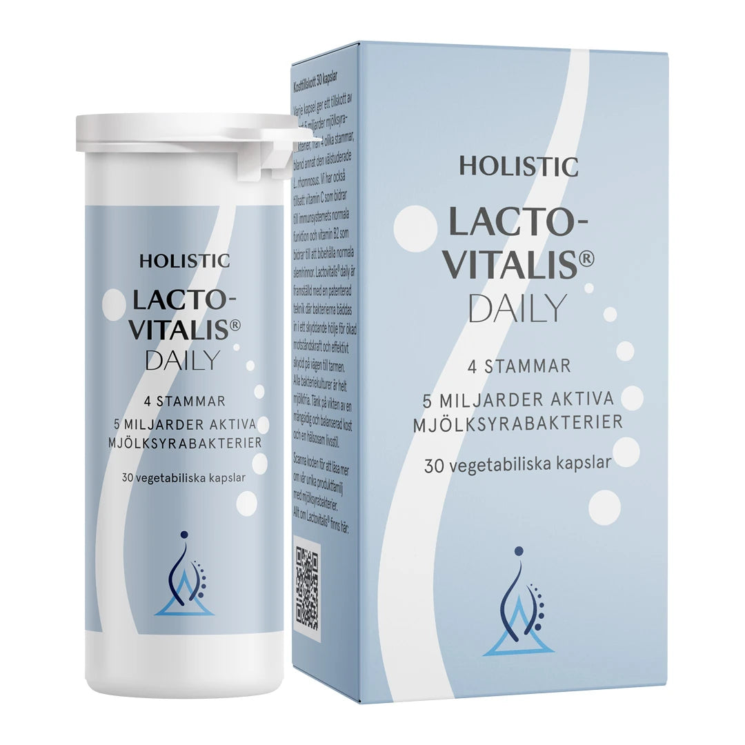 Holistic Lactovitalis® daily 30 caps med melkesyrebakterier, pakket i en hvit boks og lyseblå eske.