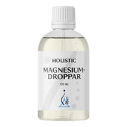Holistic Magnesiumdroppar 100 ml, ett flytande kosttillskott i en genomskinlig flaska med vit etikett.