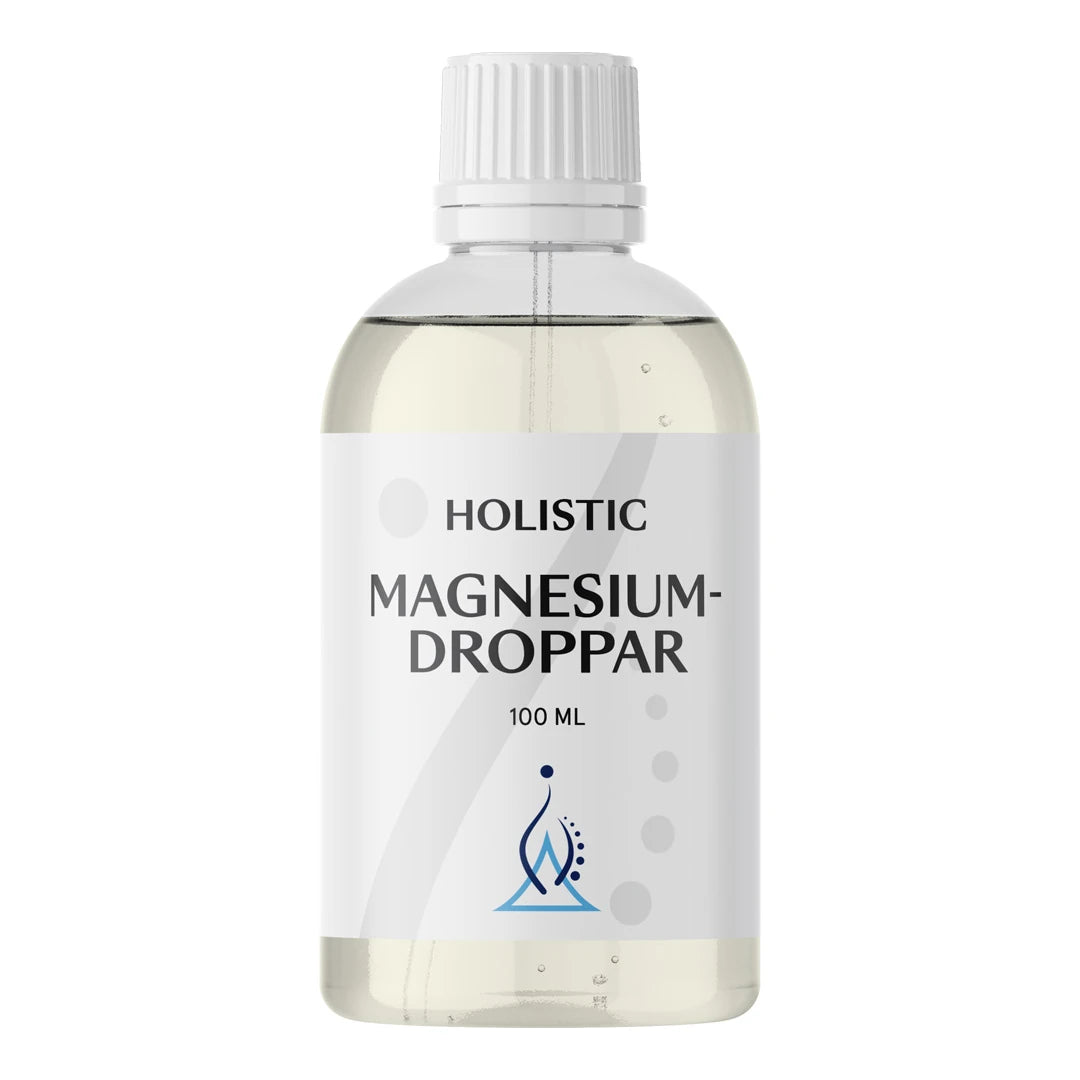 Holistic Magnesiumdroppar 100 ml, et flytende kosttilskudd i en gjennomsiktig flaske med hvit etikett.
