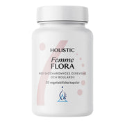 Holistic Femme Flora 30 caps, kosttillskott för mag- och tarmhälsa i en vit burk med rosa och blå detaljer.