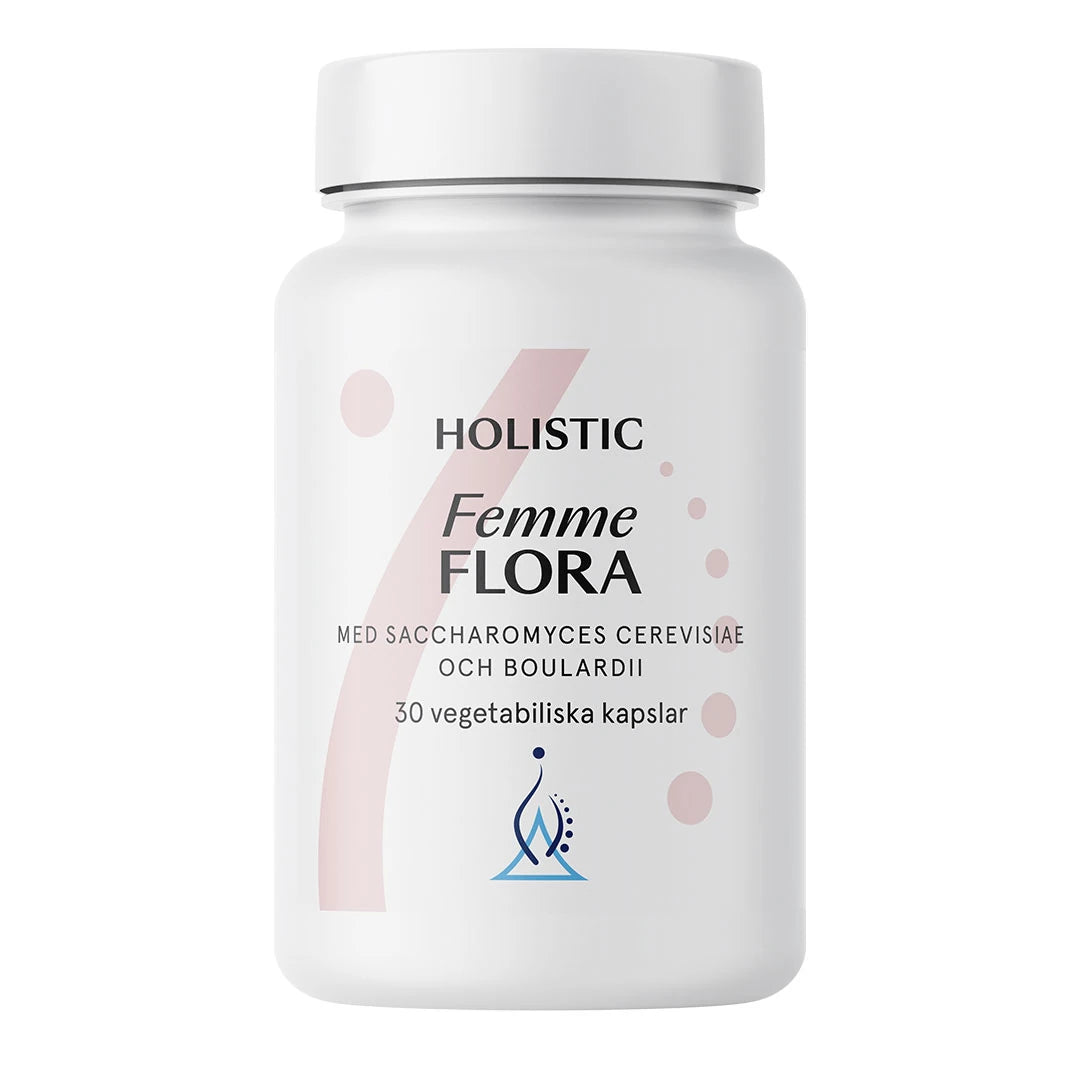 Holistic Femme Flora 30 caps, kosttilskudd for mage- og tarmhelse i en hvit boks med rosa og blå detaljer.