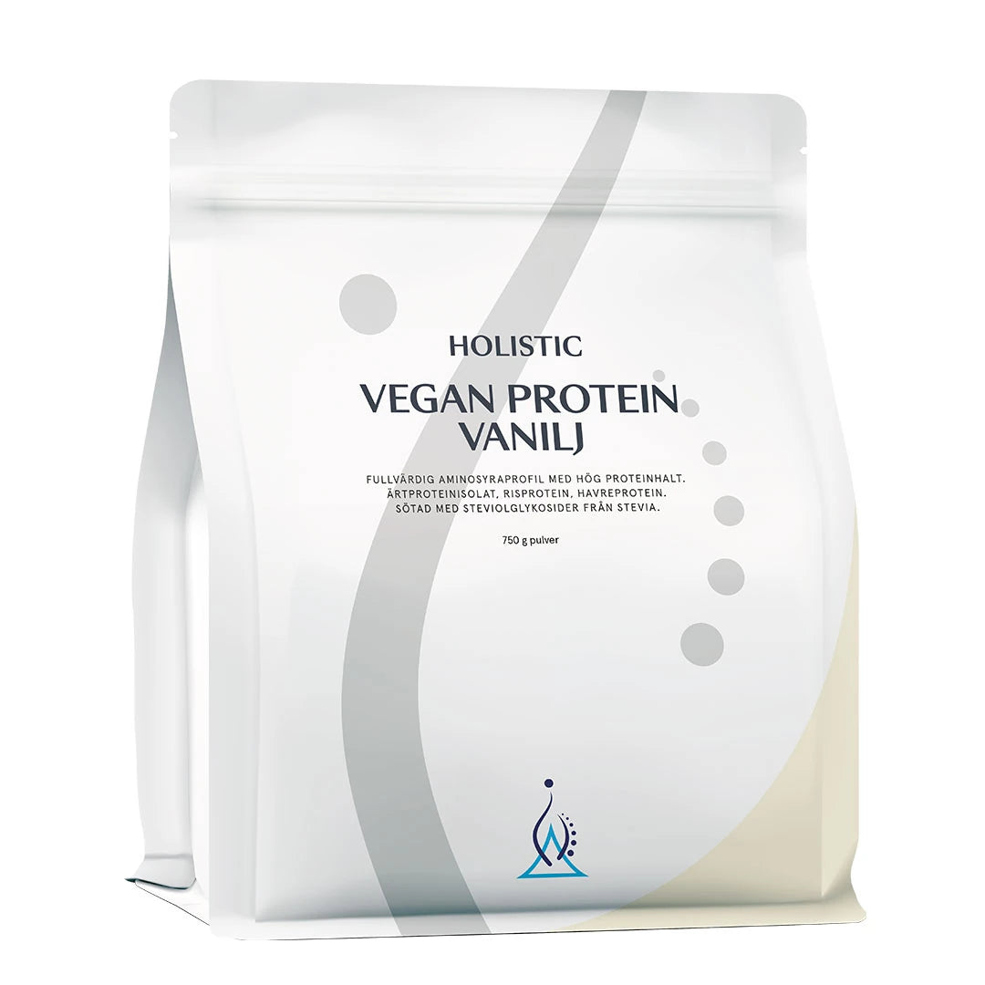 Holistic Vegan protein 750 g Vanilje er et vegansk proteinpulver pakket i en hvit pose med stilrene detaljer.